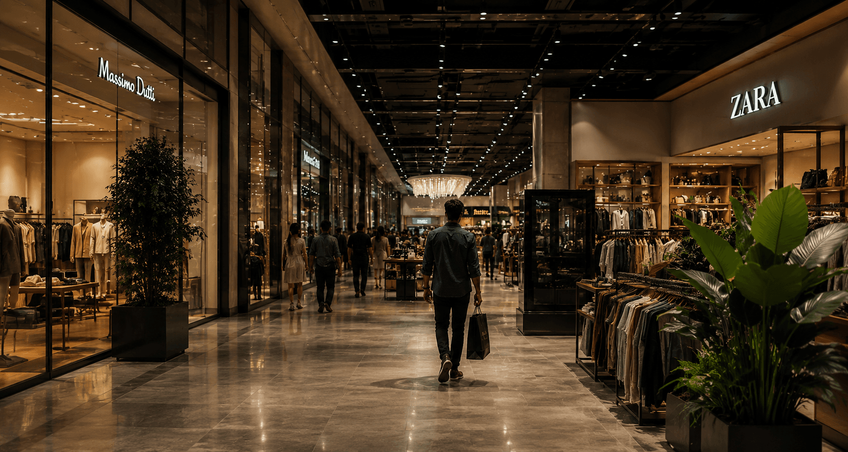 Shoppers walking through a modern premium shopping mall