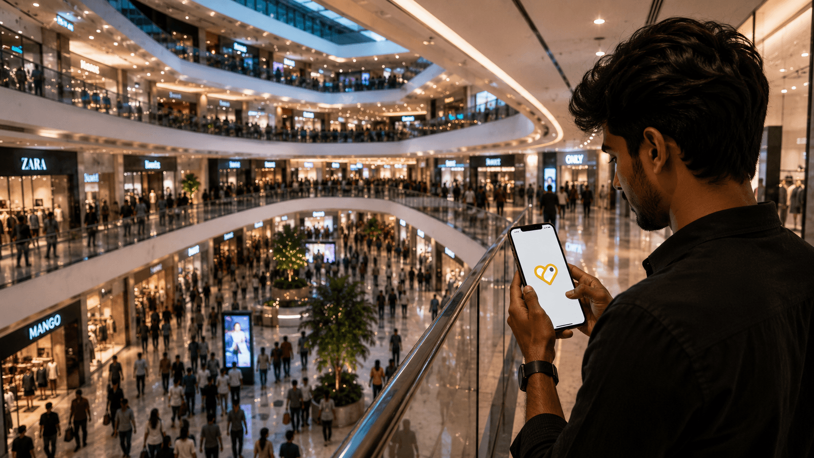 A shopper viewing the Loyaly app splash screen on their phone inside a mall