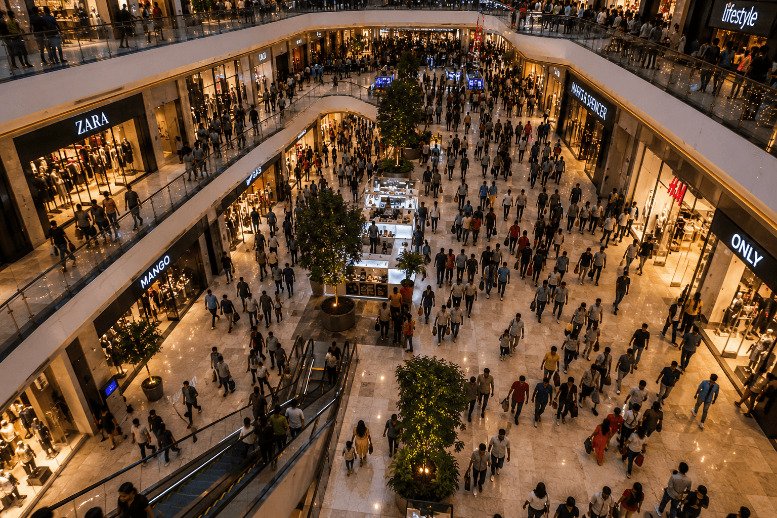 Aerial view of a large, crowded luxury shopping mall atrium