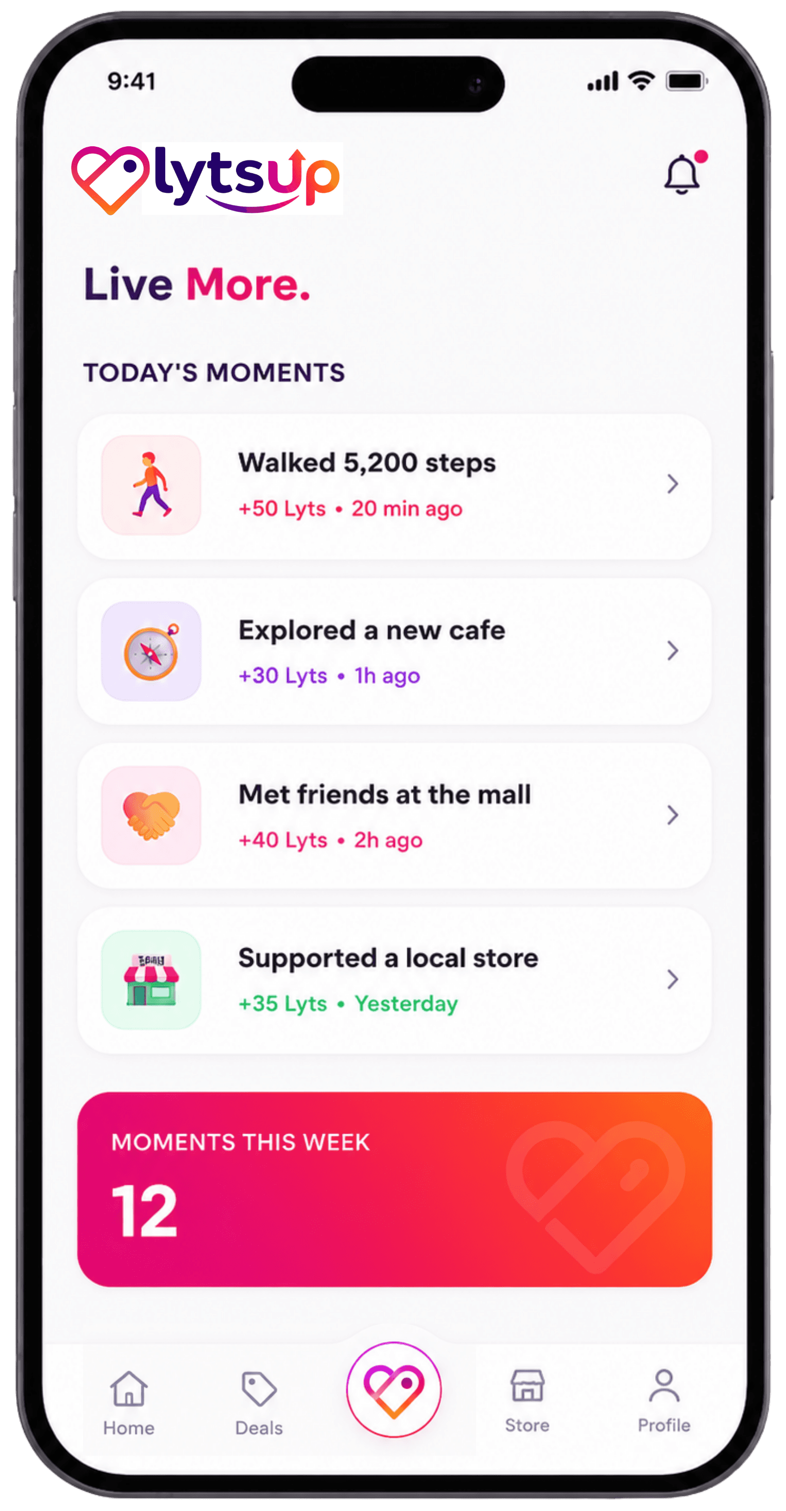 LytsUp Live More screen showing today's lifestyle moments
