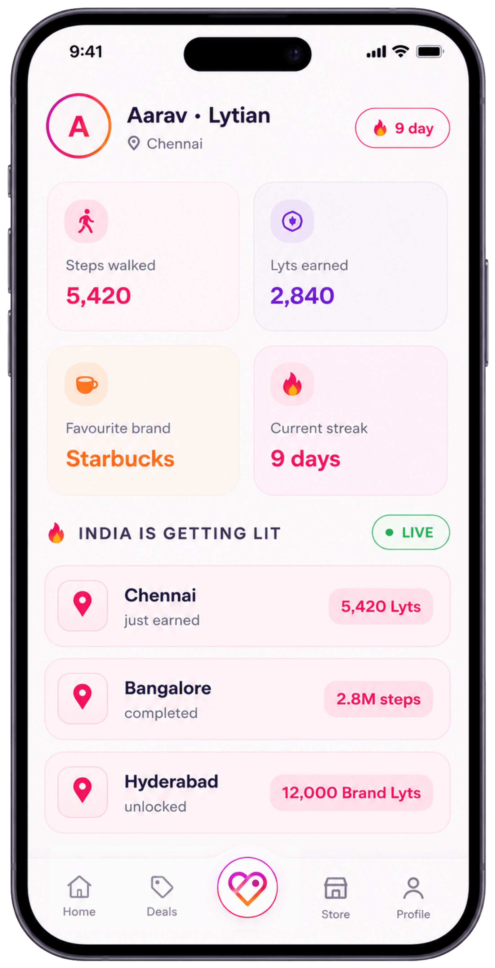 LytsUp Lyts Universe screen showing Lytian profile and live city feed